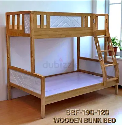 Solid Wood Double Bunk Bed (Large Bottom, Single Top) - Natural Finish