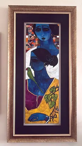 Abrar Ahmed - Framed Vertical Pakistan Painting of Woman with Parrot.. Famous Artist Abrar Ahmed.
