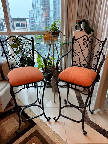 Heavy duty Iron Bar chairs in classical design, orange cushions, black metal - set of 2