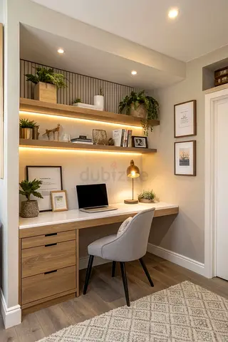 Built-in Home Office Desk with Shelves and Drawers
