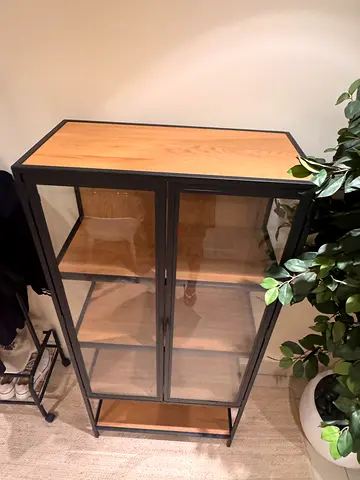 Glass Display Cabinet - Oak Wood and Black Metal Frame