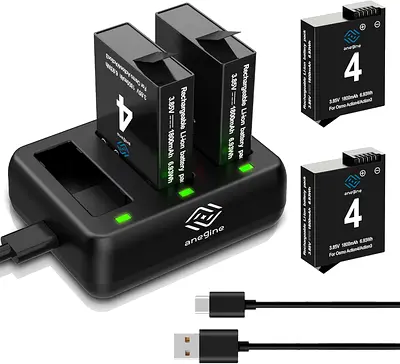 Anegine DJI Osmo Action 4 3 Battery 1800mAh and 3-Slots LED Charger Kit for DJI (2-Pack)
