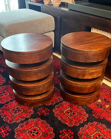 Pair of Solid Wood Stacked Drum Side Tables / Stools