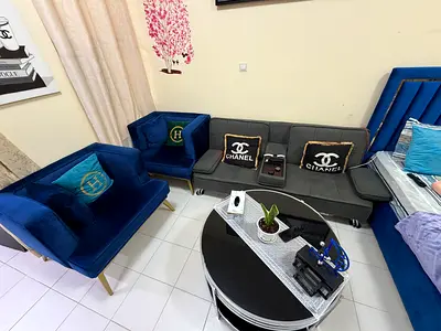 Blue Velvet Sofa and Armchair Set with Modern Coffee Table