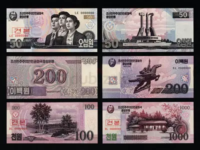 Collection of North Korean Banknotes (50, 100, 200, 1000) - Uncirculated Look