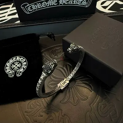 Chrome Hearts style sterling silver cuff bracelet with panther heads