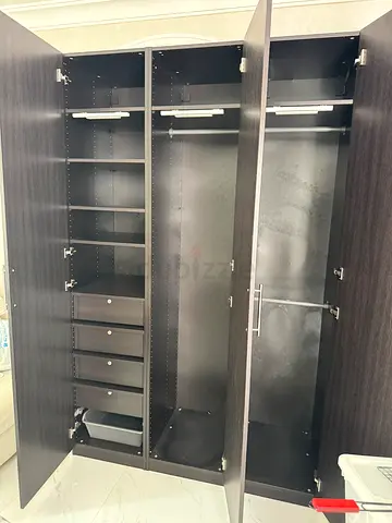 Dark Wood 3-Door Wardrobe with Shelves and Drawers