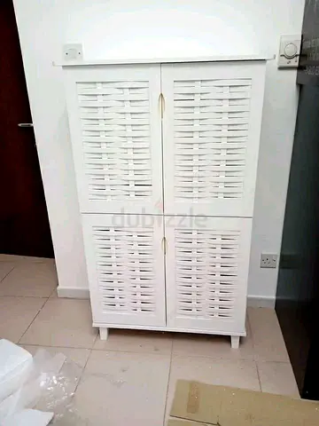 White Woven-Style 4-Door Storage Cabinet — Good Condition