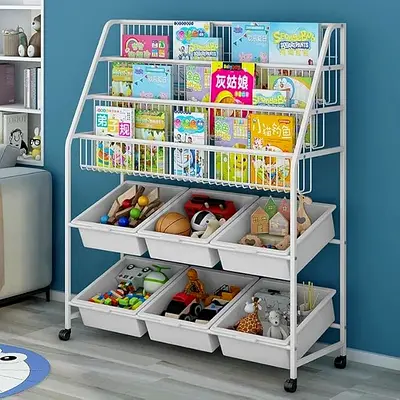 Kids Toy Organizer Shelf with Bins and Book Display