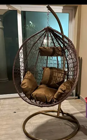 Brown Rattan Hanging Egg Chair with Stand and Cushions