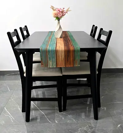 Black Wooden 4-Seater Dining Table with Cushioned Chairs