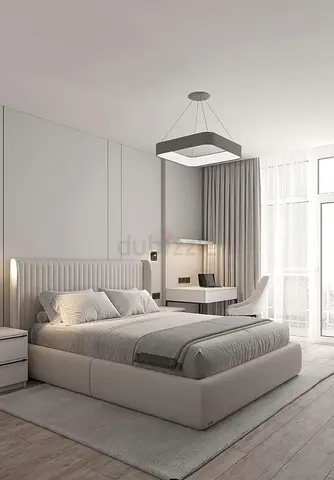 Modern upholstered platform bed with headboard - light grey, queen