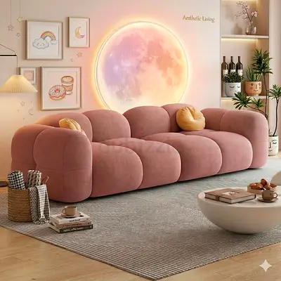 Plush Curved Three-Seater Sofa in Dusty Pink