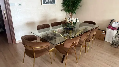 Glass Top Dining Table with 8 Upholstered Chairs - Modern Set