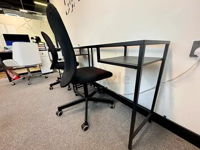 Minimal Black Metal Desk with Shelf (Good Condition) + Chair