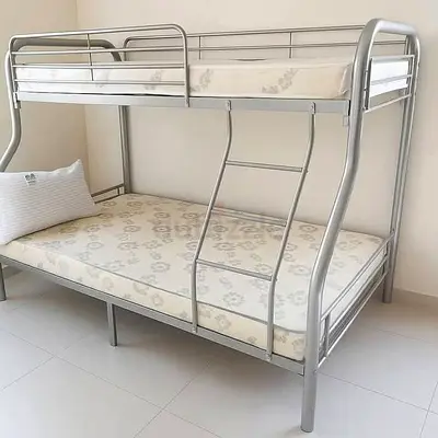Silver Metal Bunk Bed with Two Mattresses (Single over Double)