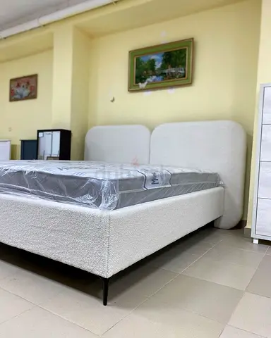 Modern White Fabric Double Bed with Padded Headboard (Like New)