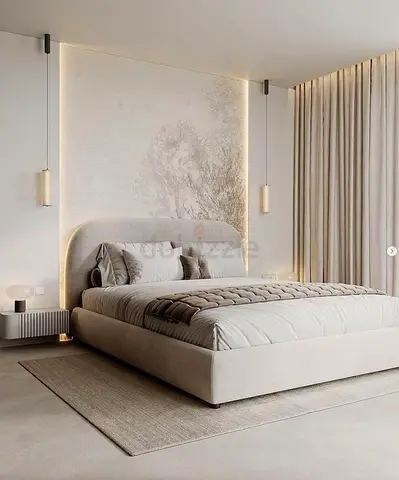 Minimalist Upholstered Platform Bed with Headboard - Neutral Beige
