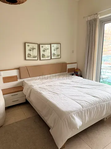 Queen bed frame with headboard and under-bed drawers - light wood/white (no matters)