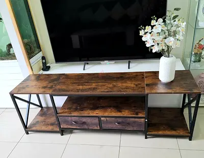 Industrial-style TV Unit with Storage Shelves and Drawers - Dark Wood Finish