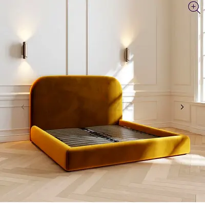 Mustard Velvet Low Platform Bed Frame with Curved Headboard