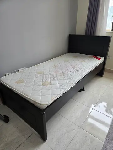 Single wooden bed frame with mattress - dark finish