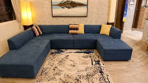Large u-shaped Blue Fabric Sofa — Comfortable 6-seater Sectional - 350 cm x 250 x 160