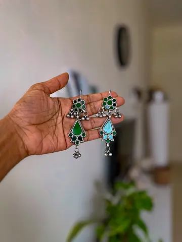 Antique Finish Green Statement Earrings with Ghungroo Drops