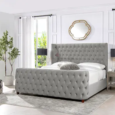 Grey Tufted Upholstered King Bed with Headboard  Footboard
