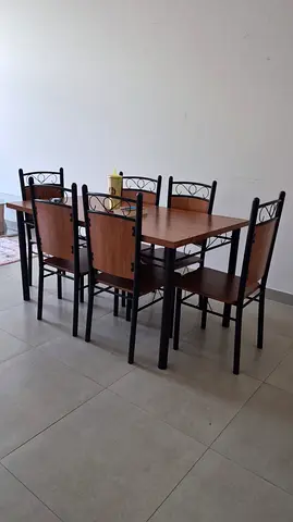 6-Seater Wooden Dining Table with Metal Frame and Chairs