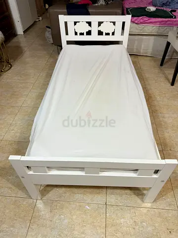 White Wooden Toddler Bed with Sheep Cutout Headboard - Good Condition