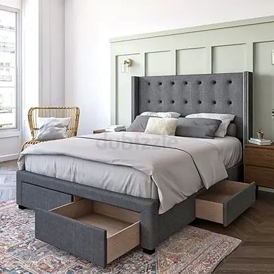 Queen storage Drawers bed with upholstered headboard (grey)