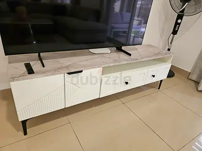 White Modern TV Unit up to 70 inches with Marble Top - Good Condition