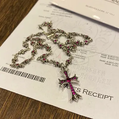 Sterling Silver Pink Gem Cross Necklace