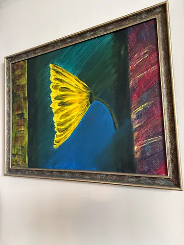 Large Framed Original Flower Oil Painting - Yellow Bloom on Dark Background - title: BLOSSOMING