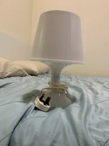 White bedside table lamp with fabric shade - good working condition