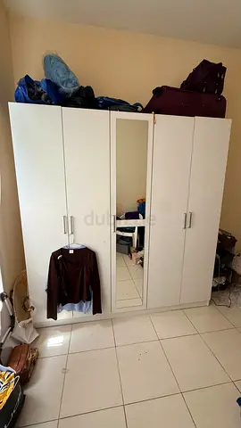 White 5-Door Wardrobe with Center Mirror — Good Condition