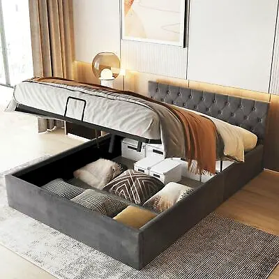 Customized Queen Hydraulic Storage Bed with Upholstered Headboard - Gray