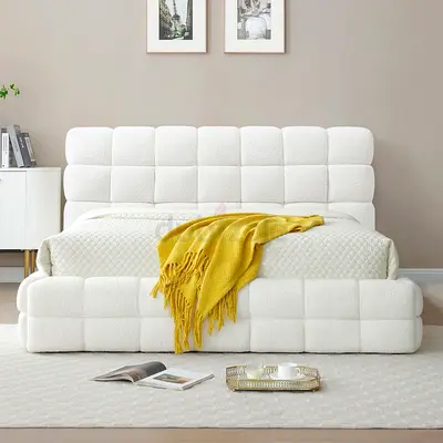 White Upholstered Platform Bed with Padded Headboard (Queen)
