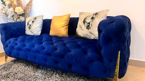 Sofa 3 + 2 Seater Deep Blue Velvet Chesterfield Excellent Condition