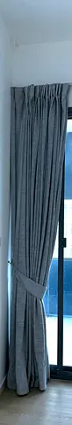 Pair of Grey, blue and beige Full-Length Curtains with Tiebacks — Good Condition