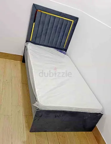 Brand New Single Velvet Bed with Headboard and Mattress - Grey, Single Size