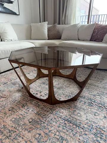 Glass Top Coffee Table with Brass Metal Base - Modern Design