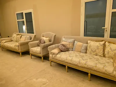 Classic cream sofa set with armchair - $% condition - 4 three seater + 4 single seat + three ta