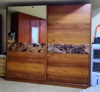 Large Wooden Sliding Wardrobe with Mirror and Marble Inlay