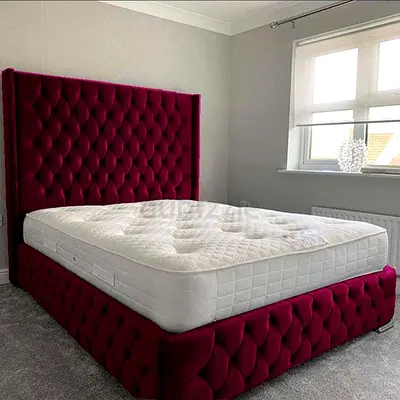 Plush Tufted Velvet Bed Frame with High Headboard  Burgundy