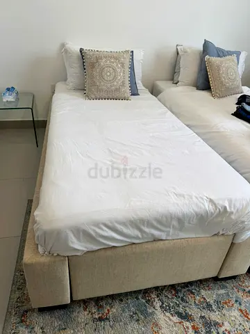 2 Single Upholstered Bed Frame with Under-Bed Drawer - Beige Colour