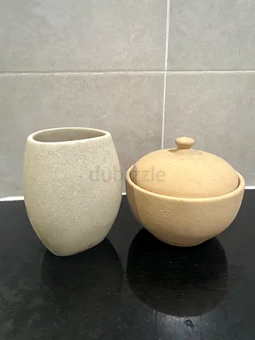 Set of 2 Ceramic Storage Jars - Beige, Minimal Design