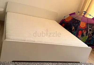 White Double Bed Frame with Headboard and Mattress - Good Condition