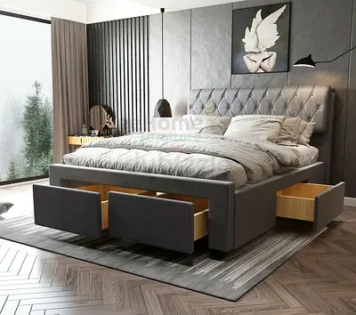 Upholstered King Size Bed with Underbed Drawers - Grey
